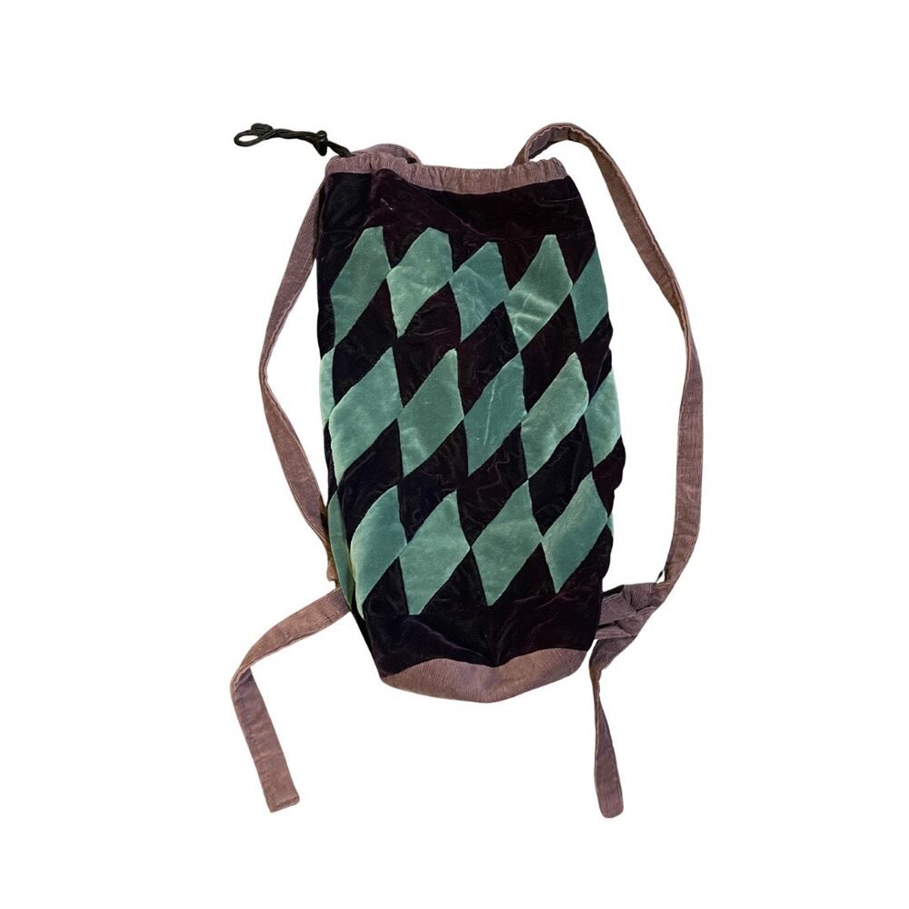 Drawstring Velour Suede Corduroy Backpack Gym Sack Harlequin Diamond Vintage